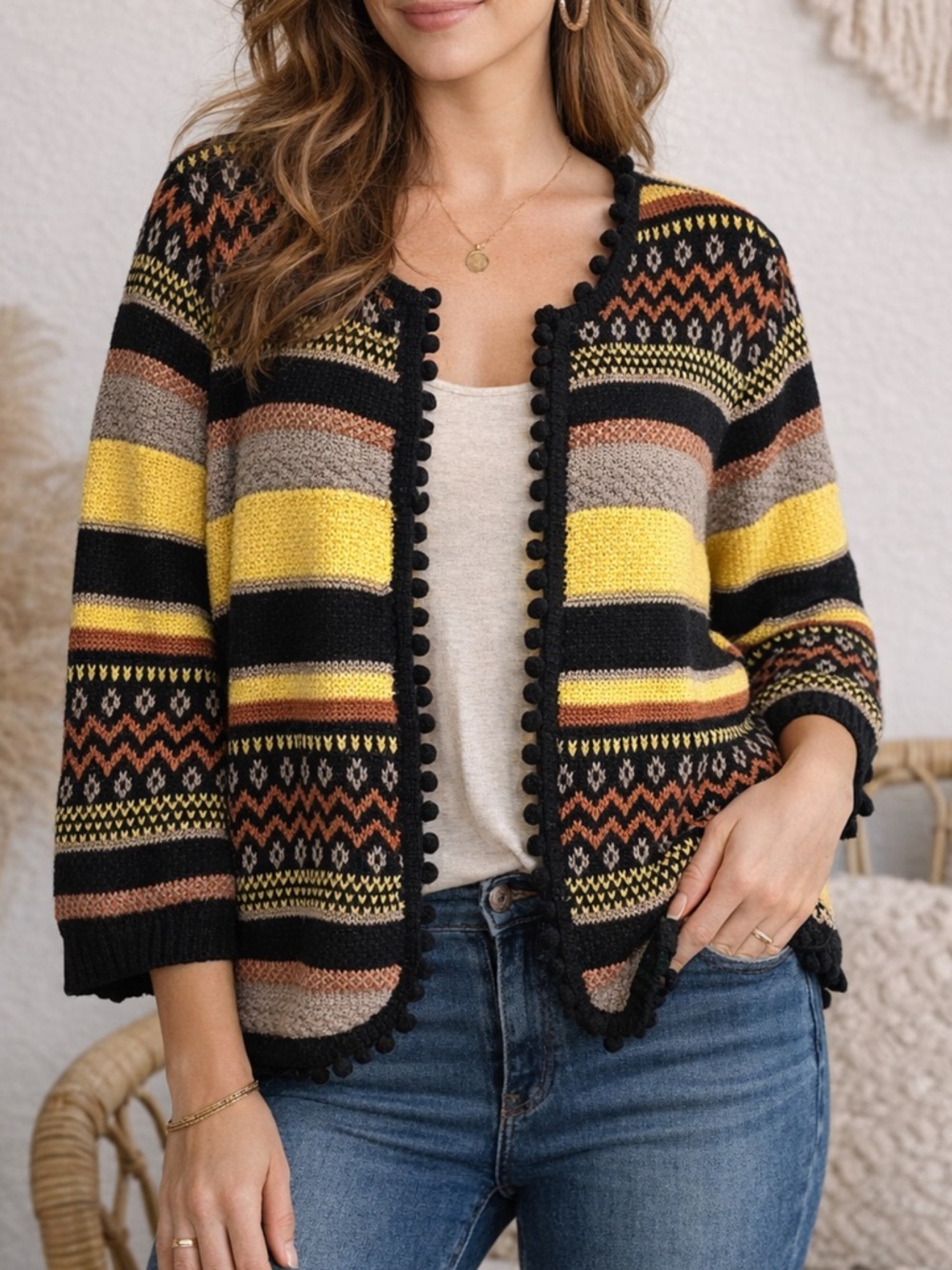 Together Est. 1984 Boho Knit Cardigan Sweater Pom Trim Striped Size 16/ XL Y2K